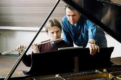 Flutist Ole Nielsen works with composer Graham Ramsay on Ramsay's new piece, 'Four Autumn Sketches,' which will premiere Friday, March 18, in Killian Hall. Nielsen has been a member of the Experimental Study Group since he was a freshman. Ramsay is an ESG administrator and teacher.