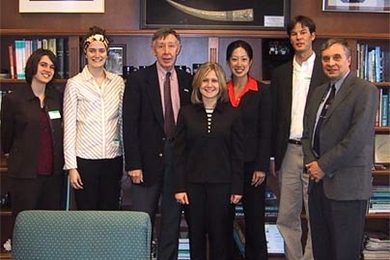 MIT graduate students in urban planning visit the U.S. Geological Survey. From left: students Anna Brown and Lindsay Campbell; USGS director Charles Groat; students Jennifer Peyser, , Basilia Yao and Peter Brandenburg; and Herman Karl, co-director of the MIT-USGS Science Impact Collaborative.
