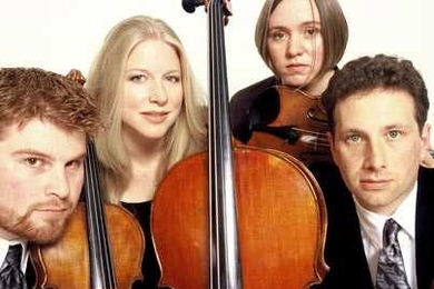 The Cypress Quartet (from left: Ethan Filner, viola; Jennifer Kloetzel, cello; Cecily Ward, violin;  Tom Stone, violin) will perform an original work by Lecturer Elena Ruehr on Friday.