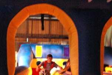 One of the big draws at the block party to celebrate Susan Hockfield's inauguration was the bungee run. Participants ran down an inflated alley, tethered to a bungee cord, which ultimately yanked them back.