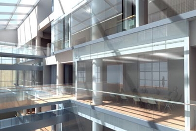 A model shows sunlit walkways connecting Building 6 with the planned new structure.