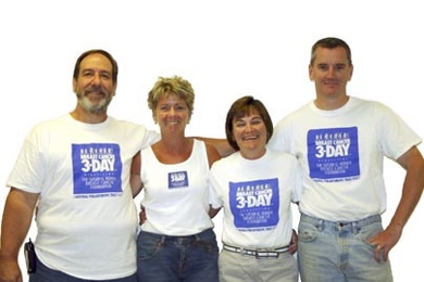 MIT Bates Lab employees Ken Hatch, Joanne McCarthy, Barbara Santorella and Peter Binns, from left, will walk 60 miles this weekend to raise money for the Susan G. Komen Breast Cancer Foundation.