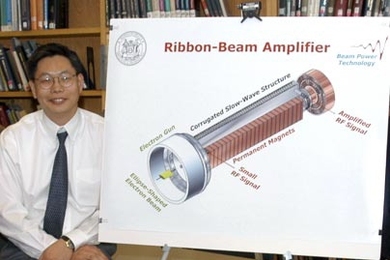 Chiping Chen, principal research scientist in the MIT Plasma Science and Fusion Center, poses with a diagram of the ribbon-beam amplifier that he and his colleagues developed.
