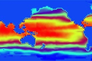 Using the new Earth System Modeling Framework, researchers coupled an atmosphere model and an ocean model that had not interacted before. This image depicts the sea surface temperature after five iterations of the simulation. The collaborators on this field test are MIT and the Geophysical Fluid Dynamics Laboratory.