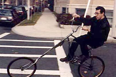 MIT staffer Seth Seligman is shown riding his own chopper creation. Seligman, aka MegaSeth, has co-produced a movie about these unusual bikes, which will premiere at the Coolidge Corner Theatre at midnight Friday.