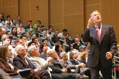 John Chambers, president and CEO of Cisco Systems, addresses a crowd in the Stata Center's Kirsch Auditorium on Thursday, Sept. 8.