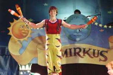 Freshman Nate Stein Sharpe hones his balancing act this summer with Circus Smirkus. He's standing on the shoulders of Mason Ames, another performer.