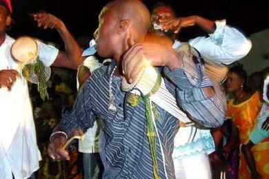 Yatma Thiam and his tama (talking drum) troupe performing at Rambax's evening drum and dance party in Dakar, Senegal, on June 3.