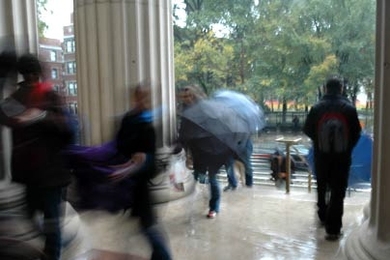 Their MIT surroundings were little more than a blur to those trying to escape the drenching rain and gusting winds of an Oct. 25 nor'easter.