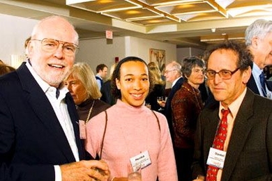 MIT Professor Daniel W. Stroock, right, meets Stroock-Hertz Fellowship recipient Monika Schleier-Smith, center, an MIT graduate student working in quantum optics, and Hertz Fellow John Holzrichter, president of the Fannie and John Hertz Foundation, in Cambridge on Friday, Oct. 21.