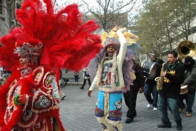 The music of New Orleans was heard around campus as members of the Wild Magnolias (in costume) paraded across campus, Mardi-Gras style, with members of the Stooges Brass Band. Both groups also performed Sunday at Kresge Auditorium, as part of MIT's Fall Festival "Bayou Bash" benefiting victims of Hurricane Katrina.