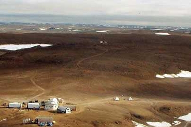 In this aerial view of the Haughton-Mars Base, near the North Pole, the six core structures (including the MIT tent) can be seen on the left.