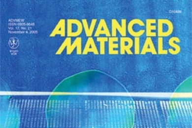 MIT research made the cover of Advanced Materials this month. The image shows a slide covered with microscopic dots of biomaterials superimposed by one of those dots in close-up. MIT researchers have used such microarrays to quickly identify new materials.