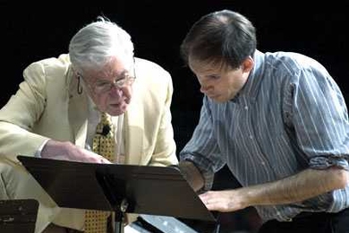 Composer Gunther Schuller, left, and MIT Wind Ensemble music director Frederick Harris at a Nov. 21 rehearsal for the ensemble's Dec. 2 concert.