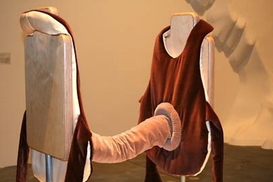 MIT graduate student Marisa Jahn designed a pair of vests joined by a bellows-like tube, which creates a sound. The garment will be featured at 'Seamless: Computational Couture,' a Feb. 1 fashion event curated by MIT Media Lab students. <a onclick="MM_openBrWindow('seam-jahn-2-enlarged.html','','width=509, height=583')">
<span onmouseover="this.className='cursorChange';">Open image gallery</span>...