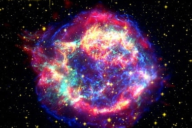 This false-color image from three of NASA's Great Observatories provides one example of a star that died in a fiery supernova blast. Called Cassiopeia A, this supernova remnant is located 10,000 light-years away in the constellation Cassiopeia. At the center of this orb, visible only as a tiny turquoise dot, is the leftover corpse of the now-dead star, called a neutron star. The multi-hued shell o...
