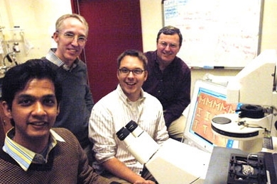 Graduate student Dhananjay Dendukuri, Professor Patrick Doyle, graduate student Daniel Pregibon and Professor Alan Hatton developed a new method for creating microparticles, shown on the monitor to the right.