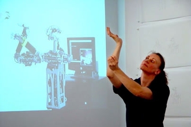 MIT alumna Pia Lindman performs with the robot Domo at the Luxe Gallery in New York City. Her solo show, 'Pia Lindman: Embodiments,' opens at the MIT Museum's Compton Gallery on April 18.
