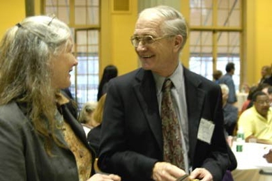 J. Kim Vandiver, dean for undergraduate research and the parent of three MIT alumni, chatted with the mother of a prospective student at a reception held for parents during Campus Preview Weekend.
