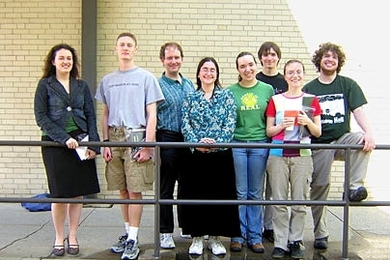 The Todd Anderson Award for Excellence in Teaching went to seven students in the Experimental Studies Group. They are, from left to right, Brigid Dwyer, Colin Dillard, Todd Anderson (ESG alum who funds the awards), Kayla Jacobs, Jocelyn Rodal, Austin Clements, Nadezhda Belova and David Roe