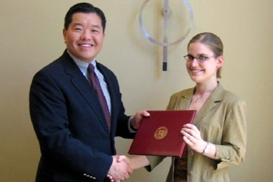 Eva Enns is this year's winner of the Henry Ford II Award. She is pictured here with Associate Dean of Engineering Dick Yue.