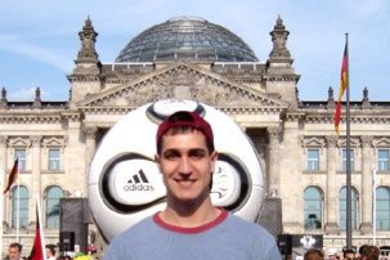 Senior Alexander Krull is interning at Rolls Royce in Berlin this summer thanks to the MIT International Science and Technology Initiatives, or MISTI program. He is shown in front of the Reichstag, where a big soccer ball was erected in honor of the World Cup.