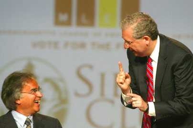 Democrat Chris Gabrieli, right, makes a point to independent Christy Mihos during a forum on environmental issues for Massachusetts gubernatorial candidates held July 12 at MIT's Kresge Auditorium.