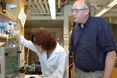 MIT graduate student Yelena Margolin is the lead researcher on new work on inflammation. She is shown working in the lab with Professor Peter Dedon.