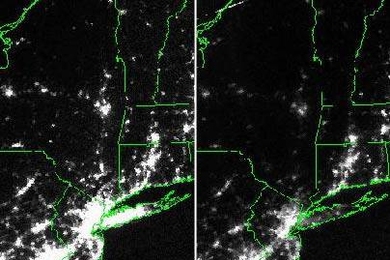 Satellite images show the New York City area about 20 hours before (left) and 7 hours after the blackout of Aug. 13, 2003. MIT economist Paul Joskow explains that such blackouts are usually caused by problems with power distribution and equipment, not power shortages.