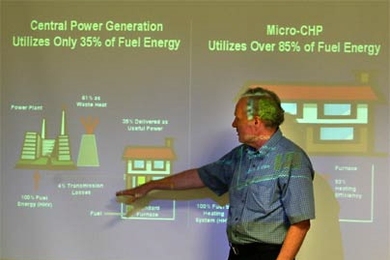 MIT alumnus Eric Guyer, CEO of Climate Energy, describes his company's micro-combined heat and power unit at an MIT Energy Club event.
