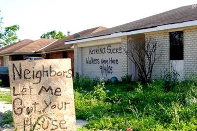 Homeowners and entrepreneurs make their messages known following the destruction caused by Hurricane Katrina in New Orleans.