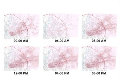 MIT's Real Time Rome project, which will have its worldwide debut at the 2006 Venice Biennale, uses cellphone and wireless data to map people in Rome. Here it shows cellular phone users in northeastern Rome at different hours of a day.