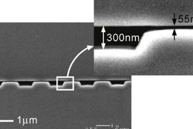 This scanning electron microscopy (SEM) image shows MIT's new nanoscale molecular sieve, which consists of thousands of alternating deep (300 nanometers or billionths of a meter) and shallow (55 nanometers) regions. The deep and shallow regions act together to form energy barriers that separate proteins by size. Pores of different sizes can be engineered for different filters to capture specific p...