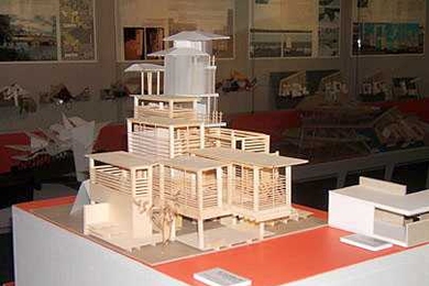 Graduate student W. Victoria Lee's design for a North End rooftop house is among the architectural models on display in the Wiesner Gallery of the Student Center. The tall center tower belongs to another model on exhibit, built by senior Harini Rajaraman.