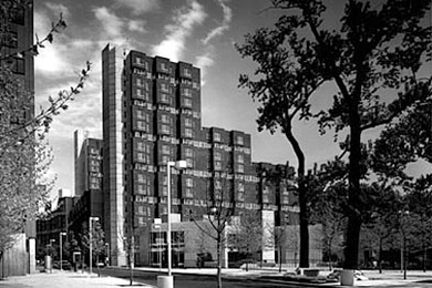 This photo of Eastwood, a housing project on Roosevelt Island in New York City, is part of a current exhibit at the Wolk Gallery. The development, designed by Sert, Jackson & Associates, was built in 1974.