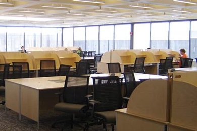 Views of the new reading room on the fifth floor of MIT's Stratton Student Center.