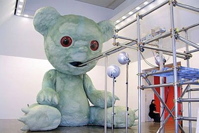 Noboru Tsubaki, Ely Rubin Artist-in-Residence, has described his artistic goal as saying 'something constructive' in the face of destructiveness caused by humans or nature. Once a minimalist, he turned to macroscale work that blends elements of innocence with those of menace. Here, a giant teddy bear is force-fed 'depleted uranium.'