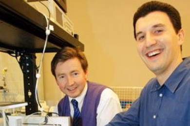 Professor of Mechanical Engineering Gareth McKinley, left, and HST graduate student Nikola Kojic used the micro-rheometer in their lab to study the viscosity and stickiness of spider silk. The taffy-like 'thread' is actually a protein solution, they found.