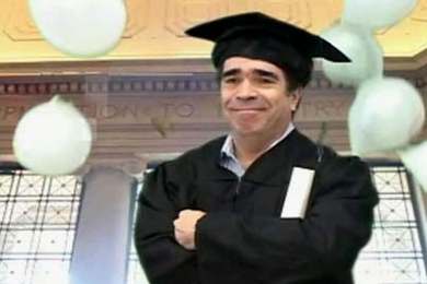 A still from "Portal Excursion," a short video by former MIT visiting artist Michael Smith, in which middle-aged Mike takes classes from his home computer and wanders MIT's Infinite Corridor lost in thought.