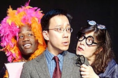 Albert Chan (S.M. 1999, Ph.D. 2004) is pestered by Tom Bardwell and Margaret Ann Brady in a scene from Associate Professor Thomas DeFrantz's 'Queer Theory! A Musical Travesty.'