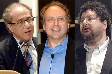 From left, Ray Kurzweil, Rodney Brooks and David Gelernter speak at 'Creativity: The mind, machines and mathematics' held at MIT Nov. 30.