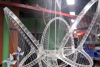 Mike Fabio and Steve Pliam's sonitronic chandelier will help 'wash' the Music Library in sound. Instrumentalists can tickle or pluck the resonant 'strings.'