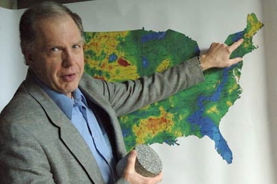 MIT Professor Jefferson Tester points to a geothermal map of the U.S. Tester lead a panel that has concluded that a substantial portion of the country's energy needs could be met by mining geothermal resources.