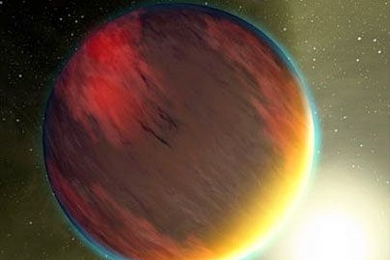 This artist's concept shows a cloudy Jupiter-like planet, similar to HD 209458b, that orbits very close to its fiery hot star.