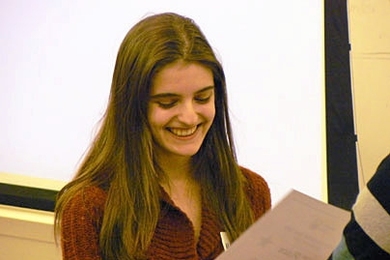 Natalya Slepneva of Newton South High School accepts the first prize for the 2007 regional Brain Bee held at MIT's Picower Institute for Learning and Memory.