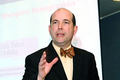 Joseph F. Coughlin, founder and director of the MIT AgeLab, explains how older adults are the leading adopters of new technology during a lecture on Feb. 26.