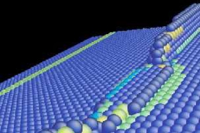 This three-dimensional atomic simulation shows the absorption of a line defect by an existing twin boundary in nano-twinned copper.