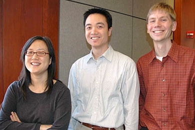 Annette Kim, assistant professor, urban studies and planning, left, Elliot Hui, postdoc, Harvard-MIT Division of Health Sciences and Technology, and Troy van Voorhis, assistant professor, chemistry, discussed faith and development.