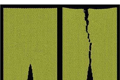 Atomistic simulation provides unparalleled insight into fracture processes. Under the weight of an applied load, a crack in a silicon crystal (above, left) propagates until the crystal is cleaved.