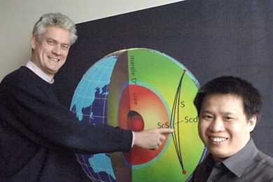 Professor Robert van der Hilst, left, and graduate student Ping Wang of the MIT Department of Earth, Atmospheric and Planetary Sciences, are adapting technology developed for near-surface exploration of hydrocarbon reservoirs to image the core-mantle boundary deep beneath Central and North America.